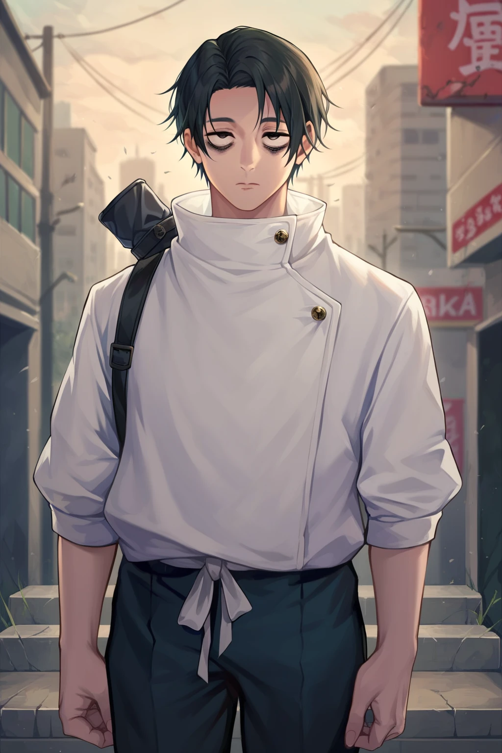 source_anime, score_9, score_8_up, score_7_up, BREAK, aesthetic anime, highly detailed, wallpaper, yuta okkotsu, 1boy, expressionless, bags under eyes, looking at viewer, school uniform, white jacket, high collar, instrument case, black pants, standing, city, outdoors