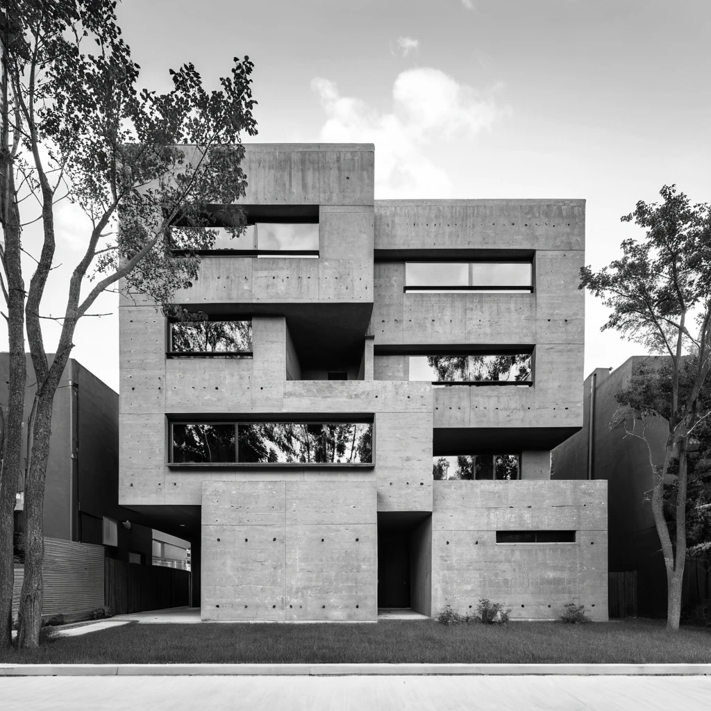 raw image black and white, modern architecture, rough concrete facade, two stories, grey color, irregular window openings, landscape with grass, single-family house, front view, clear sky, rectangular shape, no visible railing, concrete stairs, wooden window frames, geometric facade, asymmetrical window arrangement, suburban setting, natural lighting, embedded garage, trees and vegetation, minimalist design.