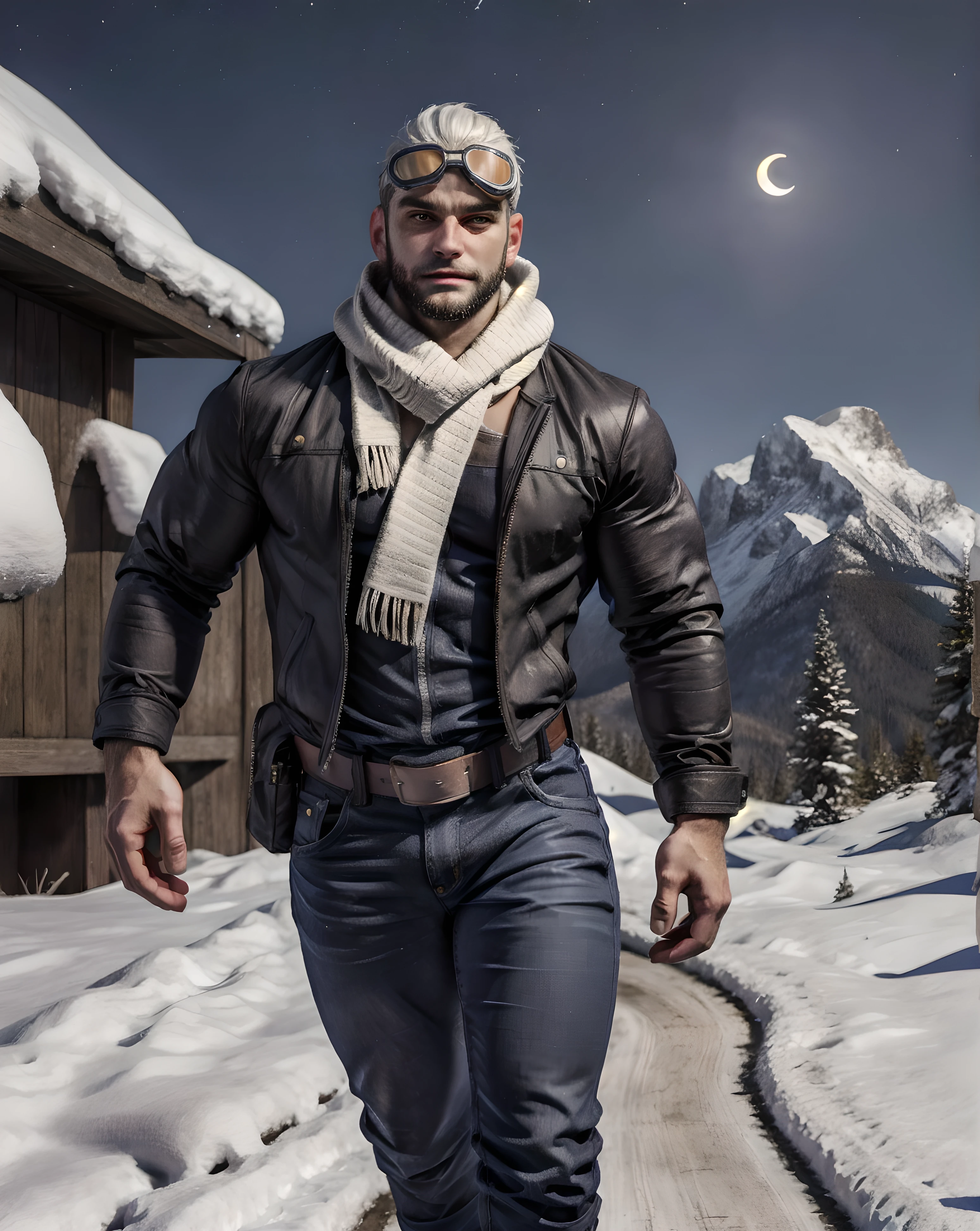 <lora:Jack_Cayman:0.65> looking at viewer, jack_cayman, (winter jacket:1.3, jeans, belt, scarf), goggles, white hair, beard, muscular, outdoor, mountain, snow, night, moon, star, walking down, muscular