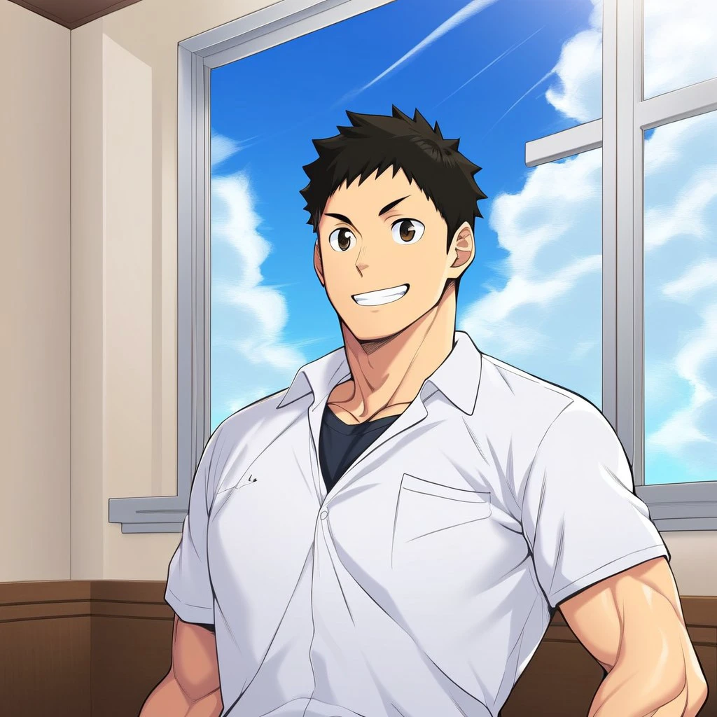 daichi, toned, smile, shirt, 1boy, white shirt, sky, cloud, window, collared shirt, indoors, upper body, male focus, muscular, abs, pectorals, muscular male, large pectorals