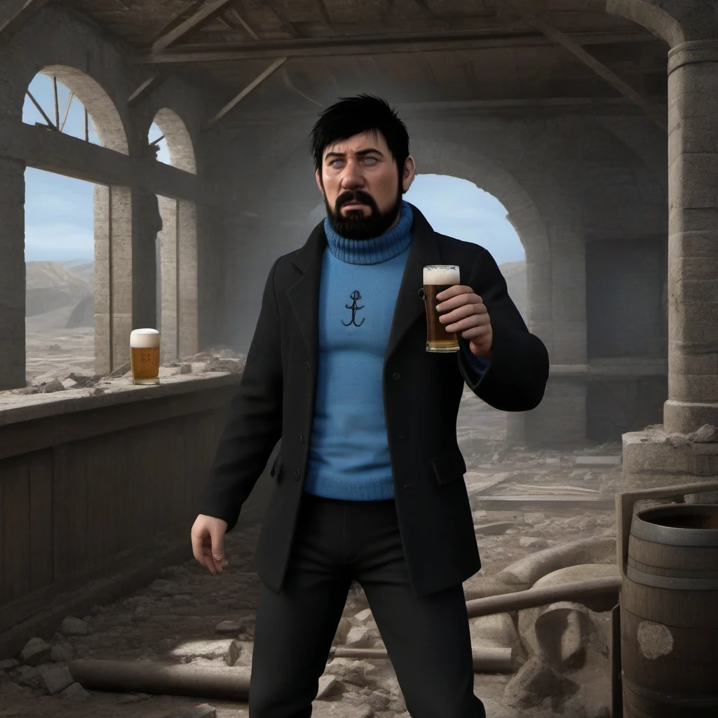 Dystopian style full body portrait man , shocked, black hair, blue shirt, black jacket, blush, black pant, facial hair, no beer in a pub ruins<lora:Haddock1024:0.8>  . Bleak, post-apocalyptic, somber, dramatic, highly detailed