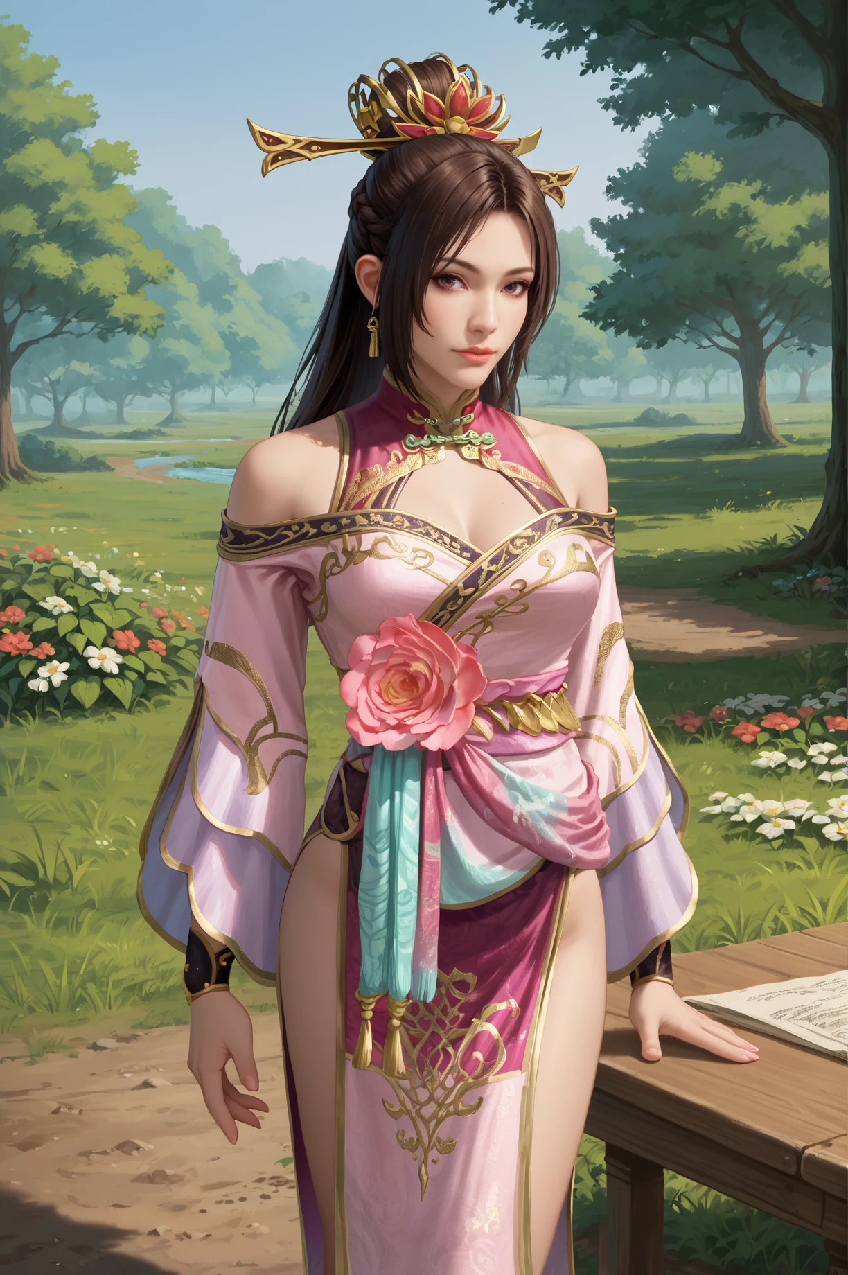 zPDXL2-pos, 1girl, solo, brown hair,  chinese clothes, jewelry, long hair, outdoors, looking at viewer, pose A woman standing with her back arched, hands resting on a table behind her., half body shot, <lora:Diaochan_Dynasty_Warriors:0.8>