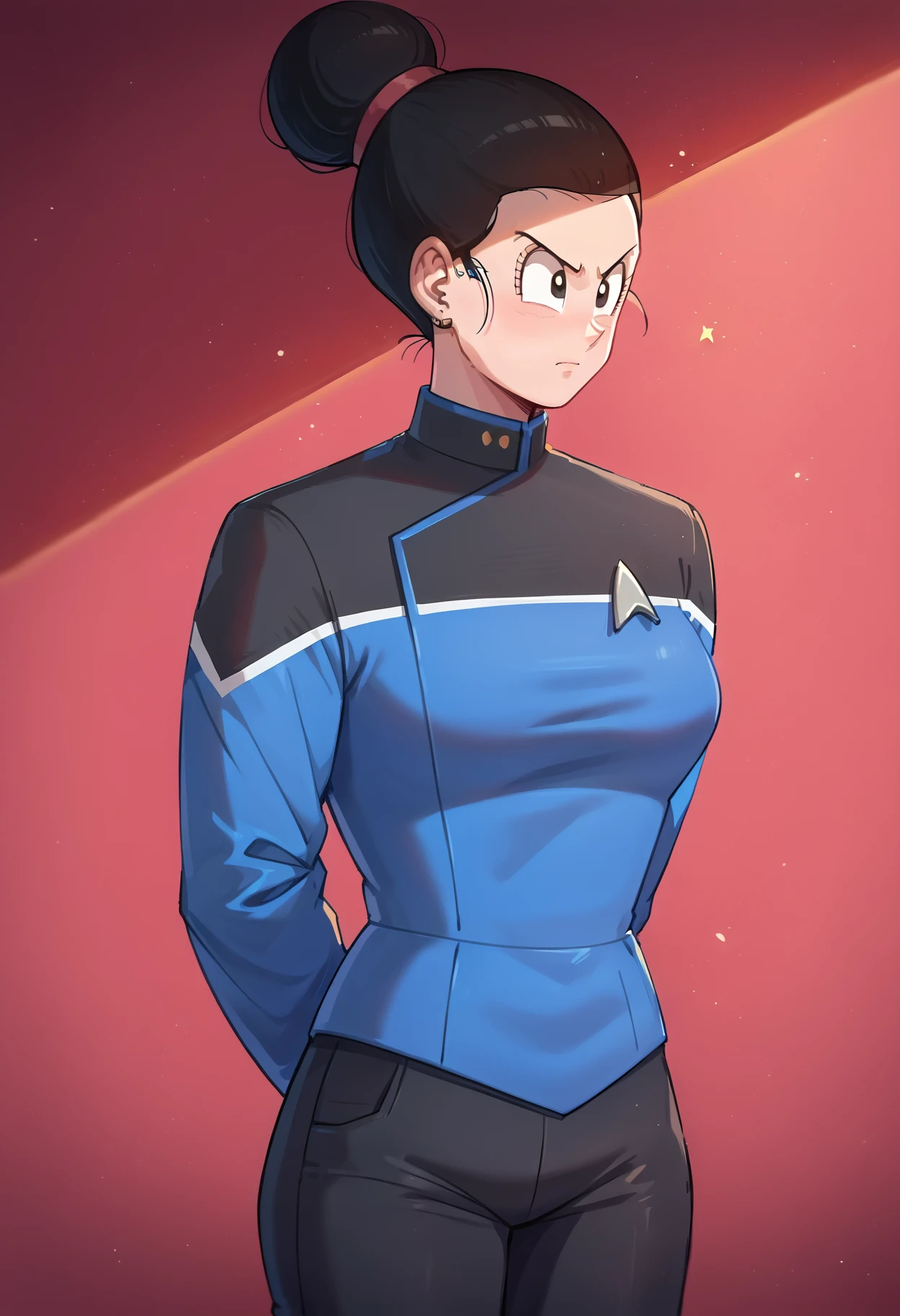 score_9, score_8_up, score_7_up, score_6_up, score_5_up, 1girl in sttldunf  star trek black and blue uniform, blue sleeves,black shoulders,black pants,hands behind back<lora:STTLPony><lora:ch1ch1:1> ch1ch1, chi-chi (dragon ball), solo,