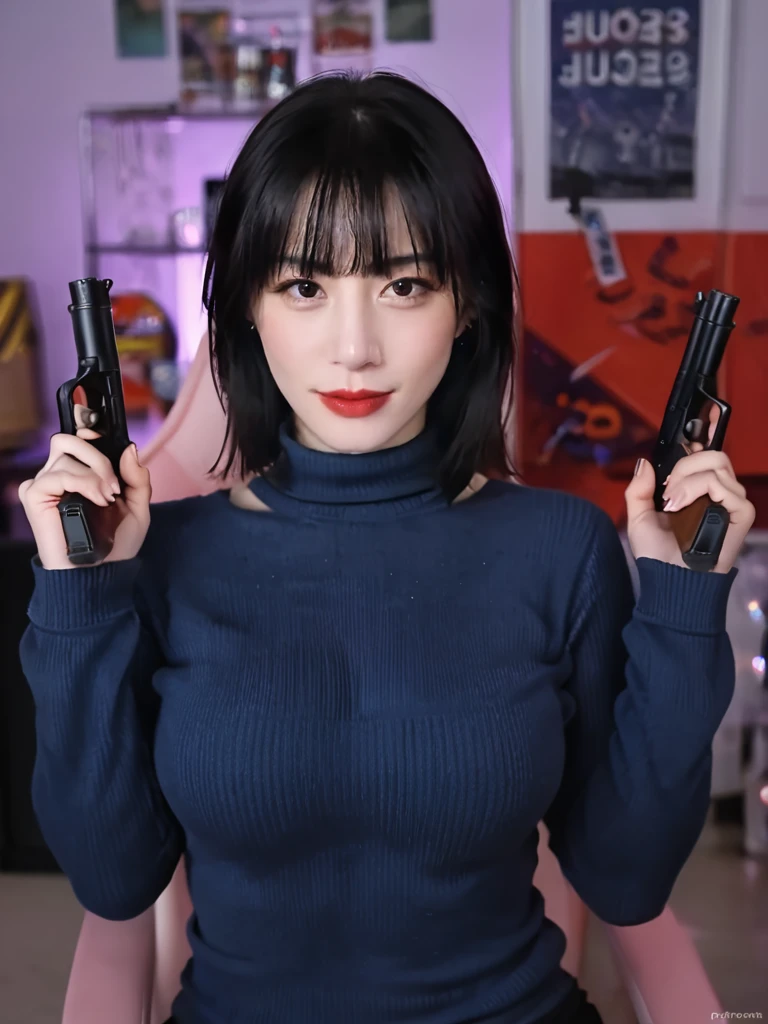 1lady, japanese, <lora:Bae:0.8>baerasoni, busty, sweater, holding gun,