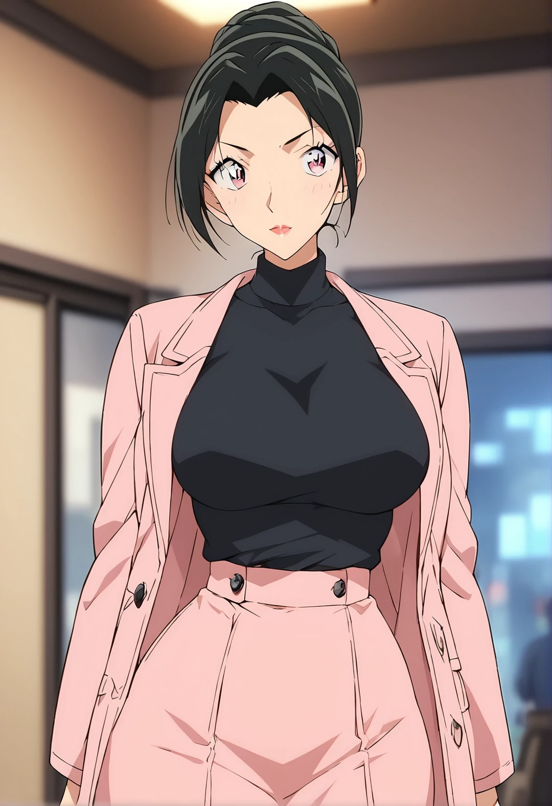 score_9, score_8_up, score_7_up, score_6_up, Light Outline,
((1girl,solo,Portrait,front view,milf,)),
large breasts, thin thighs,thin hips,thin waist,
Uehara Yui ,black hair,hair bun,makeup, long black hair,Pink trench coat, black sweater,baggy skirt, 
(Sheer Textured Dark Pantyhose,blurry background, ),
<lora:PONY_Yui_Uehara_Anime_Detective_Conan:1>