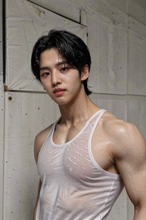 hongseok, muscular, dynamic hair style, sweaty, oily, armpits, tank top, <lora:NSFWFilter:-1> (highres, ultra detailed) ((masterpiece)), ((best quality:1.1)), High Resolution, 8k,1boy, (photorealistic:1.4), 4k, high quality, masterpiece, dynamic poses, looking at viewer <lora:hongseok:1>