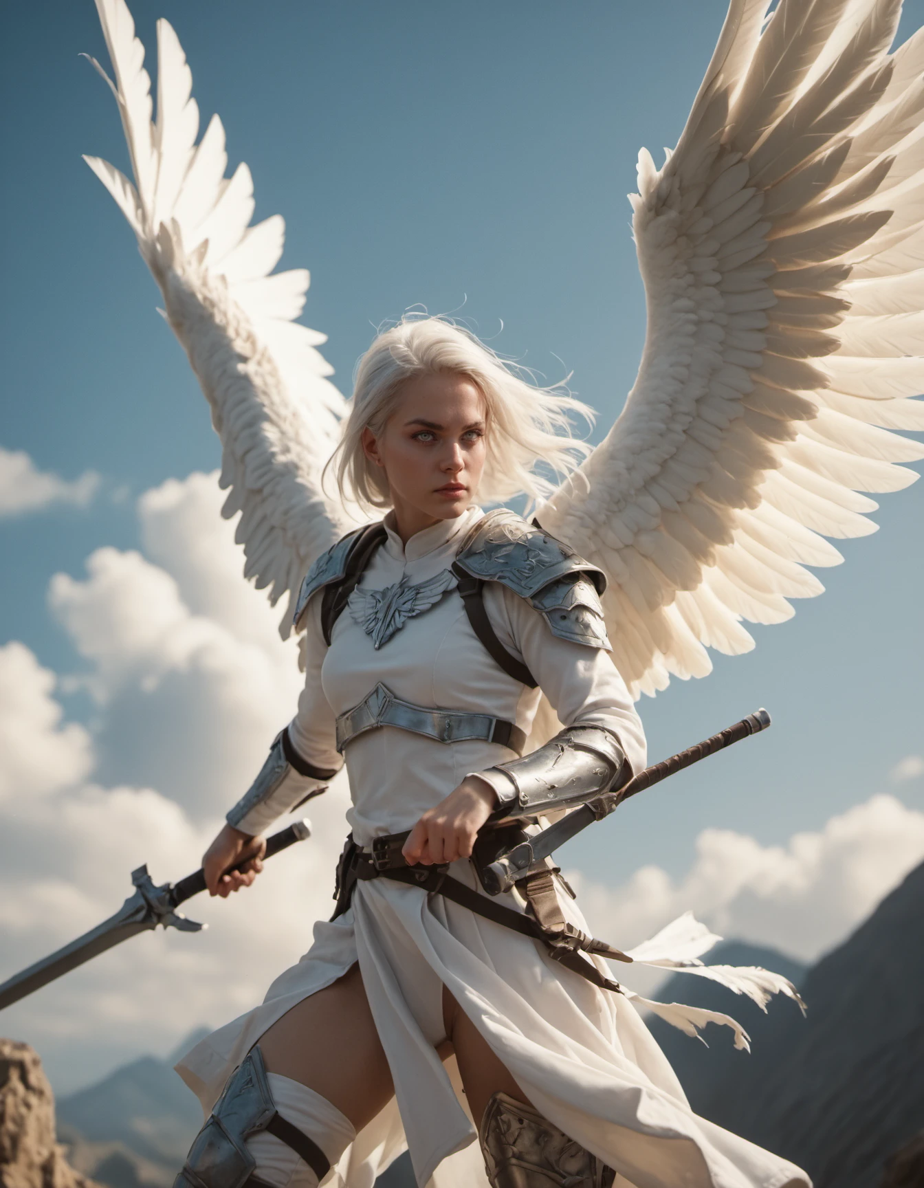 angel with white blanket, in the sky, extended arm, with sword, Imposing position, killing medieval army, army looking up.
