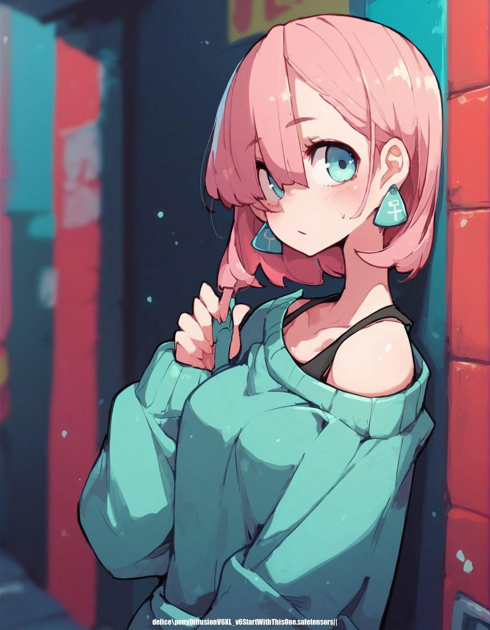 score_9,score_8_up,score_7_up,score_6, hd5,tnsk,uncensored,, 1girl,pink hair,sweater,street,ear_tag,looking at viewer,, barefoot,looking at viewer,