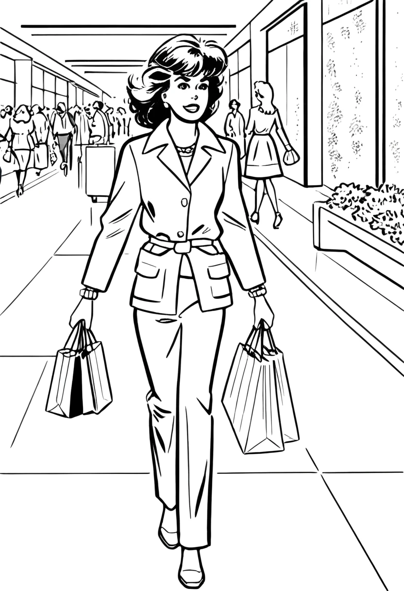 an illustration of a woman walking at the mall in the 1980s, monochrome, rvrdll