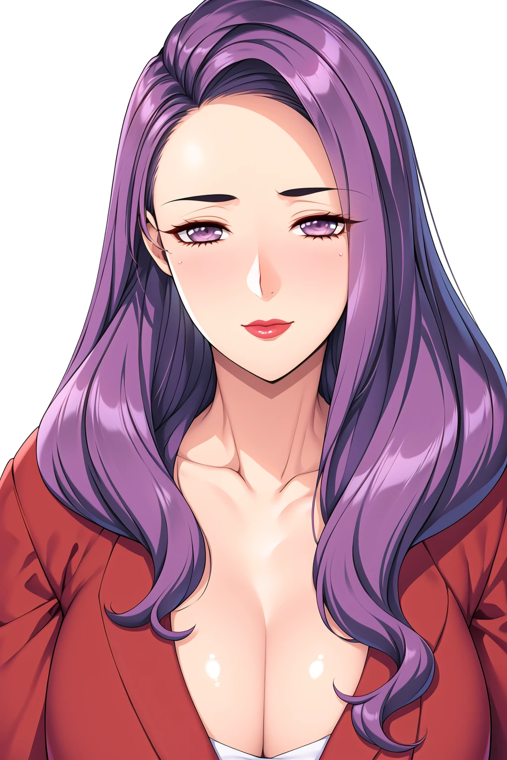 Simple Background,White Background,
dynamic pose,standing at attention,
Red Jacket, long sleeves, collarbone, cleavage, No bra,
<lora:Mirei_Katagiri_Doukyuusei2Remake-KK77-V1:0.7>,
purple eyes, purple hair,bangs,Long hair,makeup,red lipstick, 
<lora:more_details:0.1>,<lora:Oda_Non_Style-KK77-V2:0.3>,<lora:Sexy_AIart-KK77-V1:0.3>,
1 girl, 20yo,Young female,Beautiful long legs,Beautiful body,
Beautiful Nose,Beautiful character design, perfect eyes, perfect face,expressive eyes,perfect balance,
looking at viewer,(Focus on her face),closed mouth, (innocent_big_eyes:1.0),(Light_Smile:0.3),
official art,extremely detailed CG unity 8k wallpaper, perfect lighting,Colorful, Bright_Front_face_Lighting,White skin,
(masterpiece:1.0),(best_quality:1.0), ultra high res,4K,ultra-detailed,
photography, 8K, HDR, highres, absurdres:1.2, Kodak portra 400, film grain, blurry background, bokeh:1.2, lens flare, (vibrant_color:1.2),professional photograph,
(Beautiful,large_Breasts:1.4), (beautiful_face:1.5),(narrow_waist),