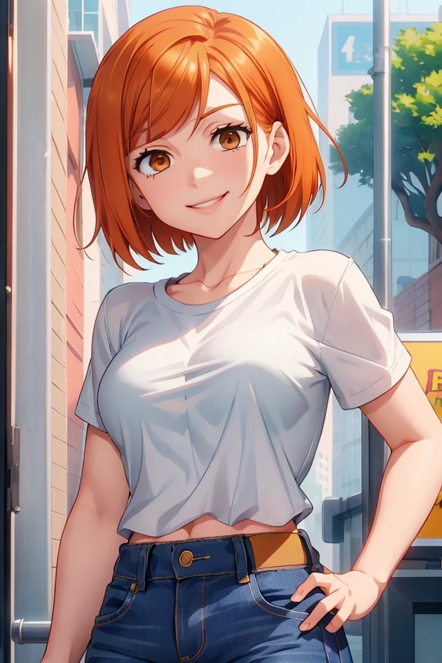 (JK_Nobara_Kugisaki), 1girl, solo, smile, short hair, orange hair, orange eyes, bangs, breasts, hair behind ear, swept bangs, white t-shirt, blue short jeans, smile, happy, different actions,