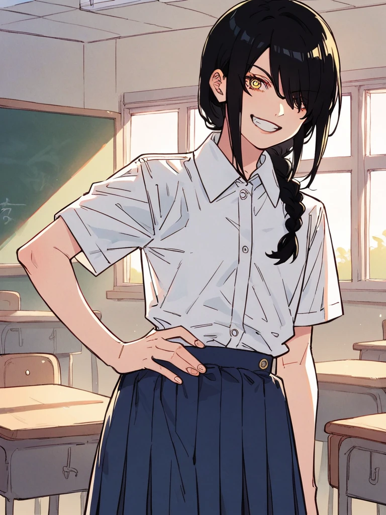 score_9, score_8_up, score_7_up,
1girl, nayuta csm, black hair, single braid, ringed eyes, hair over one eye, yellow eyes,
standing, hand on hip, grin, looking at viewer, white shirt, collared shirt, short sleeves, blue skirt, classroom, solo,