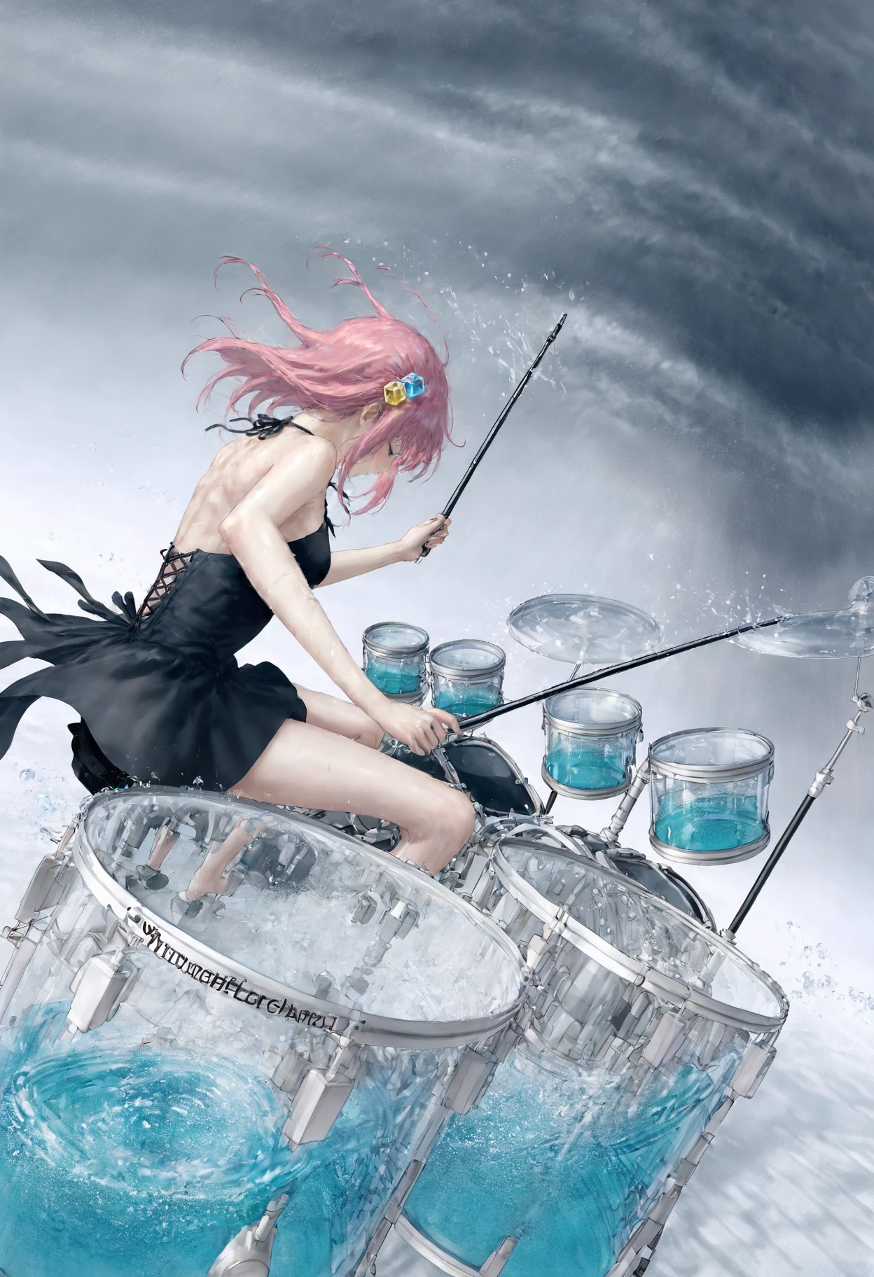 ⚠️Controlnet Warning⚠️
a girl playing drums in the ocean with water splashing around her and a drum set in the background, 1girl, gotoh hitori, cube hair ornament, closed eyes, sitting on chair, playing instrument, black dress, drum set, solo, drumsticks, water, bare legs, <lora:Lumina:0.8>