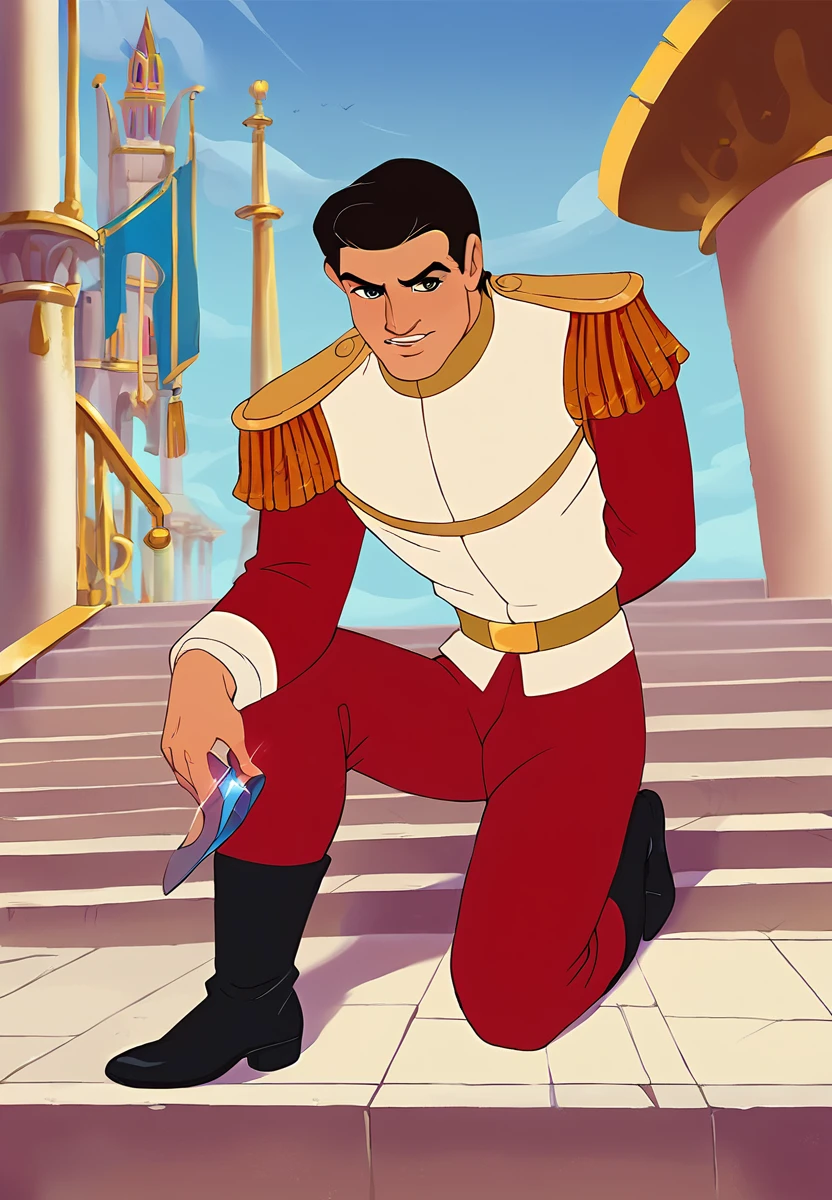 score_9, score_8_up, score_7_up, score_6_up,  animation, retro artstyle, disney style,
break
a man pr1nc3_c with short black hair , <lora:Prince_C_1.0-000040:1> , wearing red pants and a (white uniform), gold epaulettes, kneeling, wearing black boots, holding a blue shoe in his hands
location: (palace, stairs)
<lora:aminfara:0.3> aminfara, <lora:Smooth Anime 2 Style SDXL_LoRA_Pony Diffusion V6 XL:0.3>