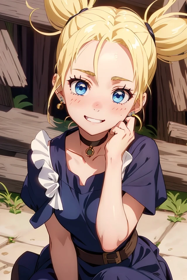 (JK_Momo_Nishimiya),1girl, solo, blue eyes, blonde hair, twintails, earrings, black choker, eyelashes, blush, (hair up:0.8), black long dress, happy, smile,