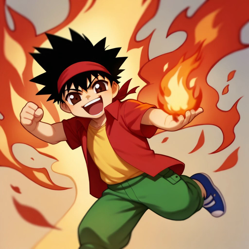 score_9, score_8_up, score_7_up BREAK EasyNegativeV2, HighKoni, 1boy, black hair, red hairband, brown eyes, open red shirt, yellow shirt, green pants, blue white shoes, fire punch, giving fire punch, fire fist, chibi body, chibi size, smiling, fire everywhere, flames, solo, solo focus,