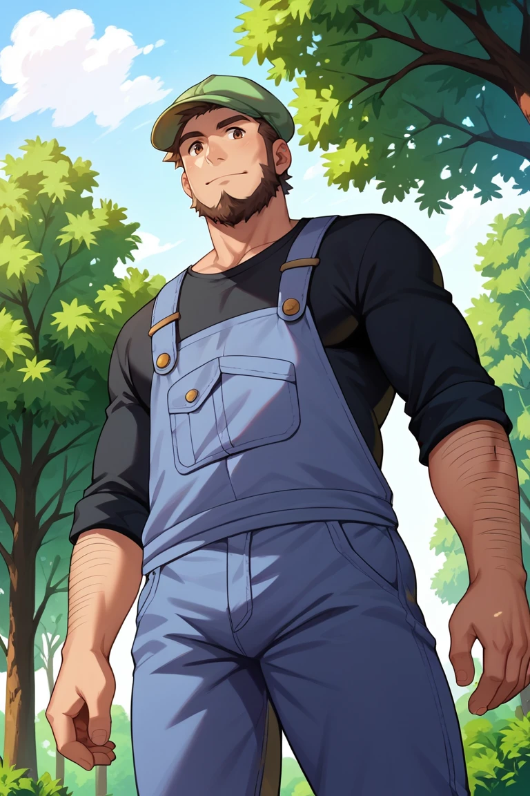 score_9, score_8_up, score_7_up, score_6_up, perfect anatomy, perfect proportions, best quality, masterpiece, high_resolution, high quality, aesthetic, absurdres, (male focus), solo male, Meyer, brown hair, short hair, brown eyes, facial hair, chinstrap beard, blue overalls, black undershirt, sleeves rolled up, cabbie hat, green hat, adult, mature, masculine, manly, handsome, charming, alluring, standing, upper body, ((dutch angle, view from below)), look at viewer, cowboy shot, arm hair, photo background, outdoor, scenery, trees, paris city<lora:EMS-415885-EMS:0.800000>