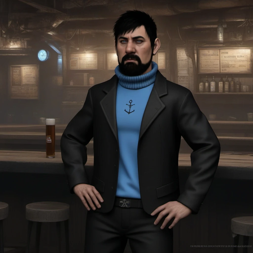 Dystopian style full body portrait robotic  man ,  black hair, blue techno shirt, black techno jacket, blush, black techno pant, facial hair, cyberpunk tavern<lora:Haddock1024:0.8>  . Bleak, post-apocalyptic, somber, dramatic, highly detailed