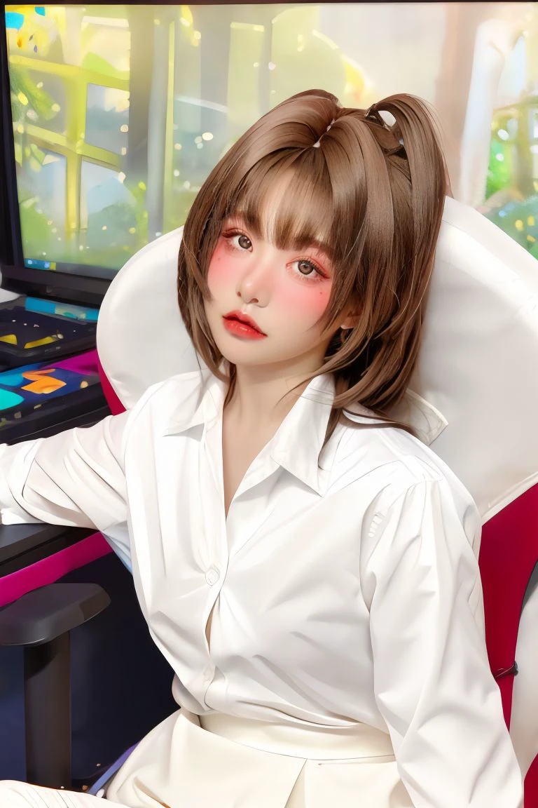 1girl, solo, medium breasts, looking at viewer, realistic, photorealistic, brown hair, brown eyes, lips, bangs,   hyper detailed, super sharp, crisp, smooth, smooth gradients, depth of field, (in studio: 1.1), (white background: 1.1), <lora:nekoyoshi_gametime:1>, <lora:breastsizeslideroffset:-0.25>, <lora:add_detail_v5:1>, (white shirt:1.5)