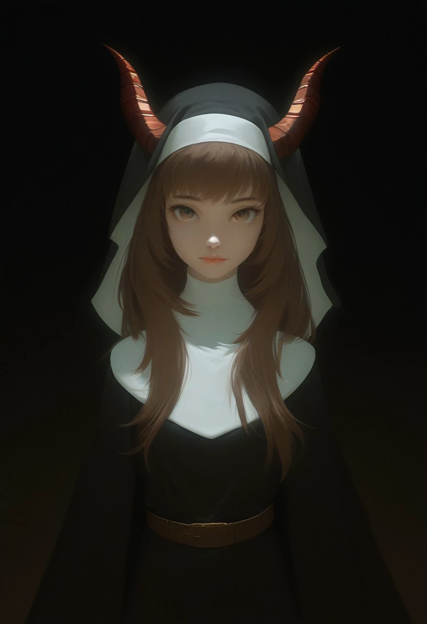 (best illustration), BREAK cinematic, highly professional, high contrast, BREAK lo-fi, soft colors, EnD_Irreverant_Nuns, 1girl, solo, long hair, looking at viewer, simple background, brown hair, white background, closed mouth, upper body, horns, belt, hood, lips, coat, hood up, nun habit,  gradient overlay, lo-fidelity, chromatic abberation, film grain, masterwork ,specular highlights, rembrandt lighting, side lighting, extreme light and shadow, cinematic lighting, natural lighting, cinematic angle, best quality, masterpiece