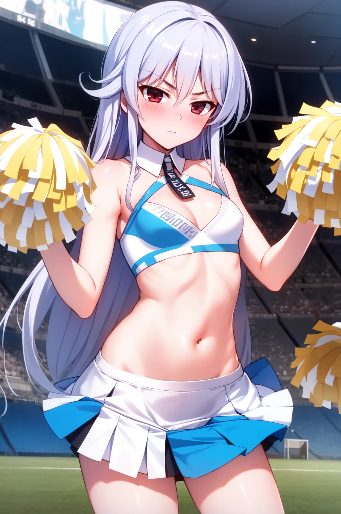 NSFW,masterpiece,Highest quality,High resolution,Very detailed,white\(no game No life\),Long Hair,Multicolored Hair,Hair between the eyes,Gradient Hair,Yellow Eyes,Flat Chest,ponytail,(Cheerleader),See-through,Tank top,Crop top,Micro Mini Skirt,Groin,Hip joint,open crotch lace panties,Knee-high socks,Thigh straps,sports boots,baseball Ground,Audience seats,fence,Frustrated face,blush,Sticking out tongue,Sweat,sexual excitement,(Ecstasy face),((Peeing)),(orgasm),(Trembling),Are standing,Leg spread,(Remote Control Vibrator)