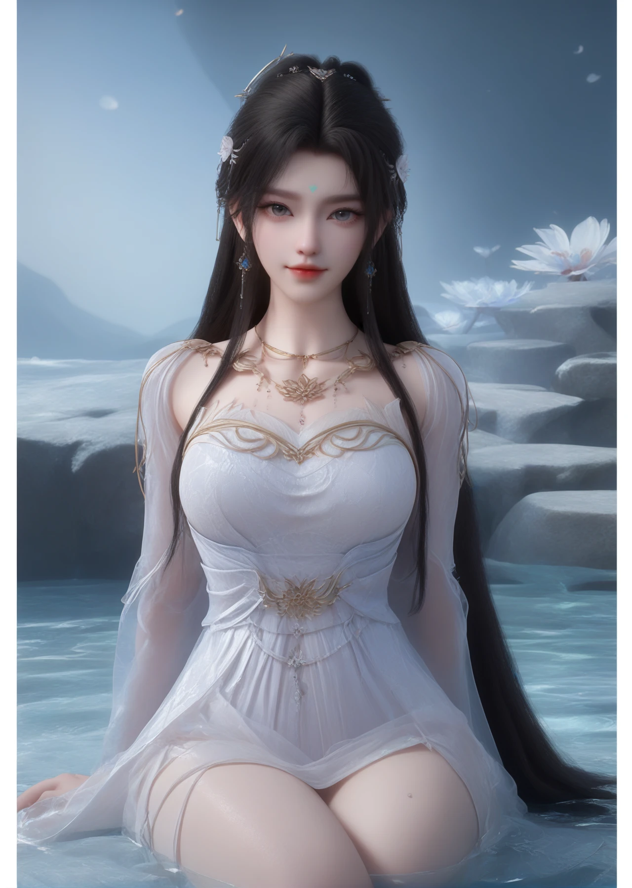 (looking_at_viewer:1.4),full_shot,1girl,solo,dress,hair ornament,portiart,from front,masterpiece,(best quality),official art,extremely detailed cg 8k wallpaper,crystalstexture skin,(extremely delicate and beautiful),solo,realistic,photo_\(medium\),hiqcgbody,chinese background,eye-contact,(smile:0.7),jewelry,absurdres,incredibly absurdres,huge filesize,<lora:æ¸
漪_V1-000001:1>,lying_on_water,