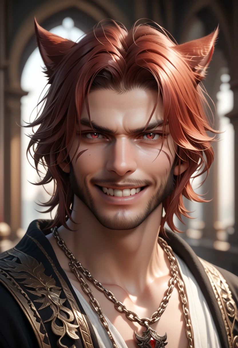 DskMiqo, 1boy, animal ears, avatar (ff14), beard, black hair, blurry, blurry background, cat boy, cat ears, chain, facial hair, facial mark, grin, hair between eyes, jewelry, looking at viewer, male focus, miqo'te, necklace, portrait, red eyes, red hair, smile, solo, teeth, weapon BREAK ,score_9, score_8_up, score_7_up, score_6_up, score_5_up, score_4_up,