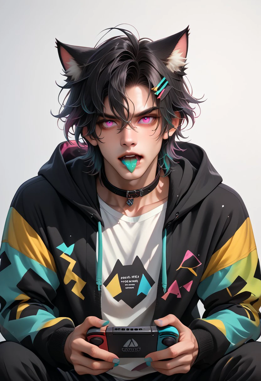 DskMiqo, 1boy,  black hair, black jacket, black pants, can, choker, collar,  cat boy, cat ears, animal ears, animal ear fluff, collarbone, colored tongue, hair between eyes, hair ornament, hairclip, handheld game console, holding, holding controller, hood, hood up, hooded jacket, hoodie, jacket, long sleeves, looking at viewer, male focus, nail polish, nintendo switch, open mouth, pants, pink eyes, shirt, short hair, simple background, sitting, solo, white background, white shirtn BREAK ,score_9, score_8_up, score_7_up, score_6_up, score_5_up, score_4_up,