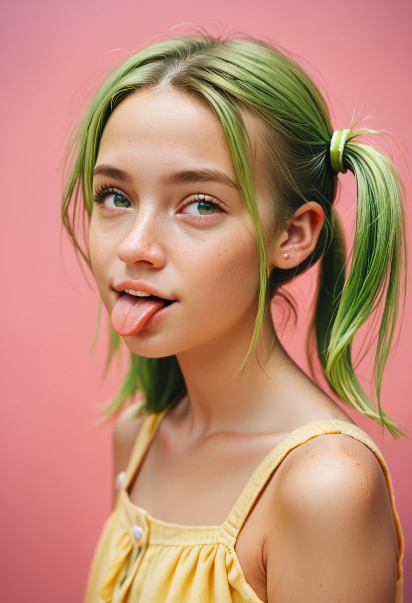 score_9, score_8_up, score_7_up, portrait of a cute woman with lime green hair, pigtails, pink background, closing one eye, winking, tongue out, from side angle, looking at viewer, yellow sundress,