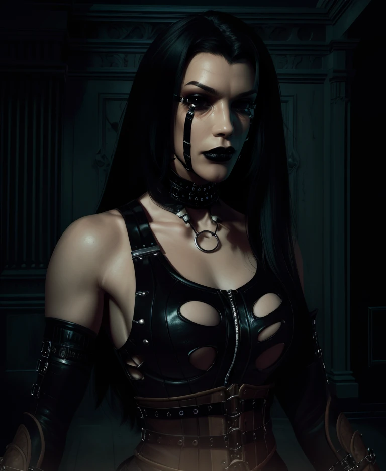 ephemera,black hair,black eyes,long hair,facial mark,black lips,
corset,detached sleeves,black  leotard,choker,necklace,
standing,upper body,
dark room,dim lighting,
(insanely detailed,  masterpiece, best quality),solo,<lora:Ephemera-BR-16:0.8>,