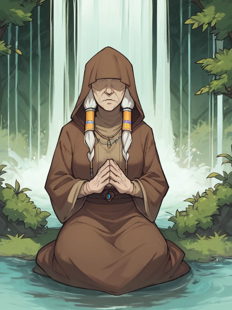 score_9, score_8_up, score_7_up,old woman, upper body, solo, kreia, hair tubes, no pupils, hood, white hair, brown robes, sitting, meditating, forest, waterfall