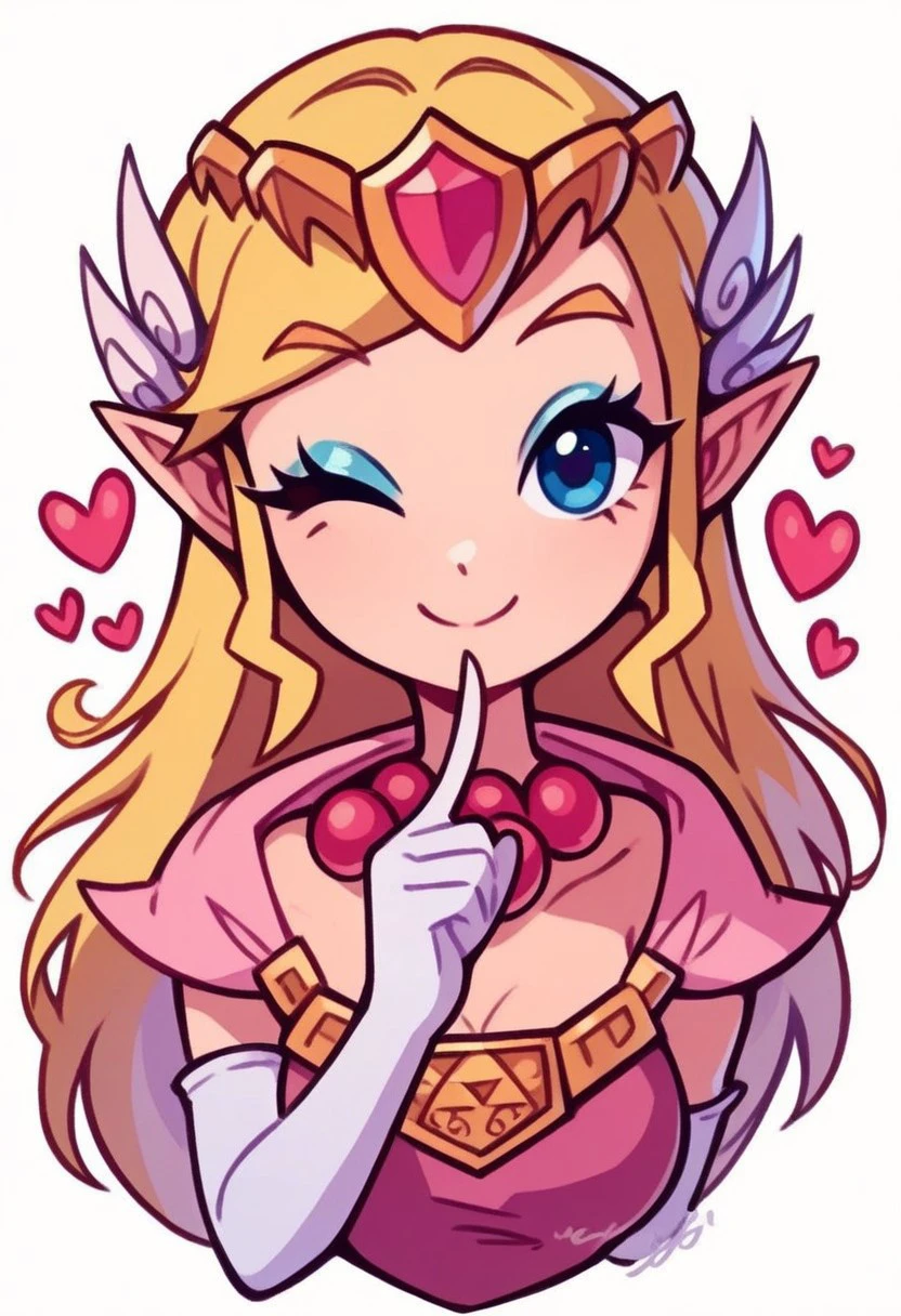 score_9, score_8_up, score_8, medium breasts, (curvy), cute, eyelashes, zzToonZelda, looking at viewer, smile, simple background, gloves, white background, dress, jewelry, upper body, heart, one eye closed, elbow gloves, white gloves, necklace, makeup, tiara, pink dress, eyeshadow, ;), best quality, bead necklace, gold necklace, finger to mouth
