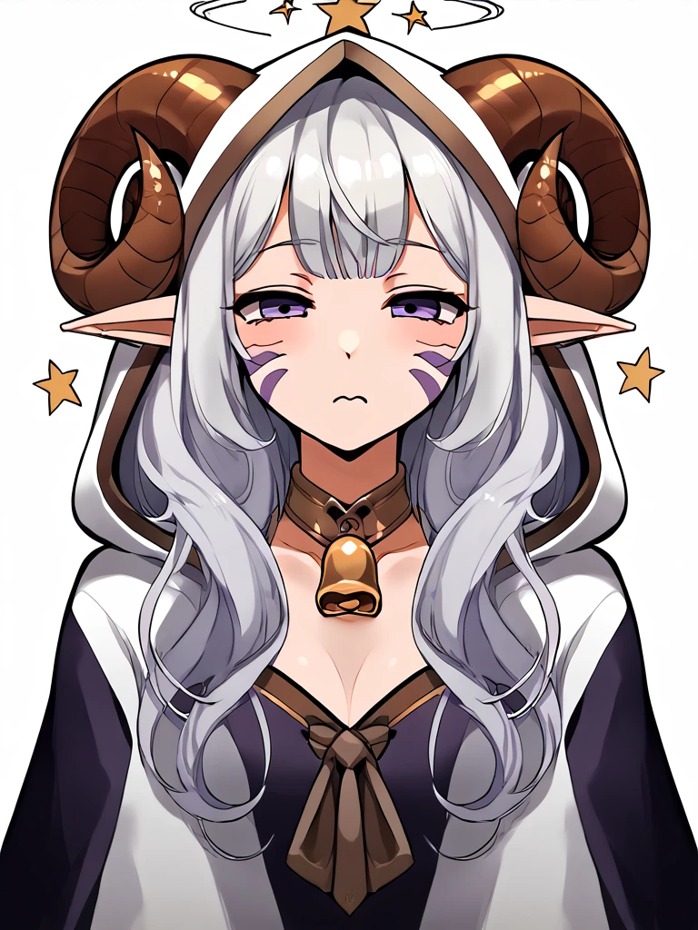 <lora:seeing_stars:1> @ @,  seeing_stars:1.5, sitting, confused:1.3, half-closed eyes, source_anime, source_furry, score_7_up, rating_safe, portrait, gold necklace, tiefing, short pointed ears, brown horns, (a pair of brown sheep Horns that begin at her temples and curve back: 1.5), bangs, long silver hair long wavy hair, pale skin, <lora:whisker_markings:0.8> whisker_markings pointy ears, purple eyes, <lora:age_slider_v4:0.6>   medium breasts, skinny female, silver hair, <lora:Tieflingnew weird fantasyDND:0.3> Tiefling, pointed ears, horns,  <lora:Smooth Style 2 SDXL_LoRA_Pony Diffusion V6 XL:0.5>  bell, robe, hood off, <lora:Nanoless_Artist_Style_PonyXL:0.3> focus on head, >:,