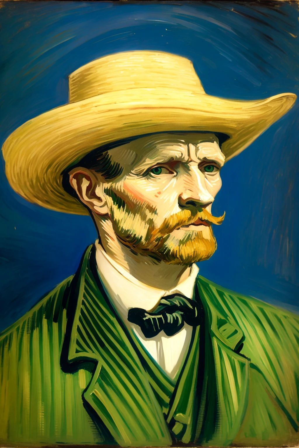 Impressionism, van Gogh, self-portrait,
The image is a painting of a man wearing a straw hat, possibly from the late 19th century. He has a beard and is gazing forward. The painting is done in a style reminiscent of Vincent van Gogh, with bold brush strokes and a focus on light and color. The color tone is predominantly cool with shades of blue and green. The subject is wearing a dark-colored shirt or jacket with a green tie or scarf. The composition is centered, with the man's face being the primary focus. The image quality is relatively high, with a clear depiction of details, especially in the facial features and the texture of the hat., (((masterpiece))),(((bestÂ quality))),((ultra-detailed))