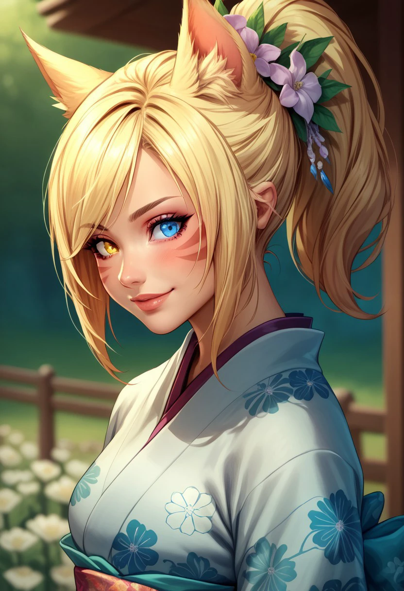 FemmeMiq, 1girl, solo, long hair, looking at viewer, blush, smile, blue eyes, blonde hair, hair ornament, cat girl, cat ears, animal ears, animal ear fluff, tail, upper body, ponytail, flower, japanese clothes, hair flower, kimono, blurry, from side, lips, animal ear fluff, depth of field, blurry background, cat tail, miqo'te, heterochromia, facial mark, floral print, portrait, BREAK ,score_9, score_8_up, score_7_up, score_6_up, score_5_up, score_4_up,