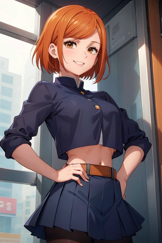 (JK_Nobara_Kugisaki), 1girl, solo, smile, short hair, orange hair, orange eyes, bangs, breasts, hair behind ear, swept bangs, smile, happy, different actions, belt, brown belt, brown pantyhose, crop top, crop top overhang, jujutsu tech uniform, pantyhose, pleated skirt, shirt tucked in, skirt, blue skirt, blue crop top,