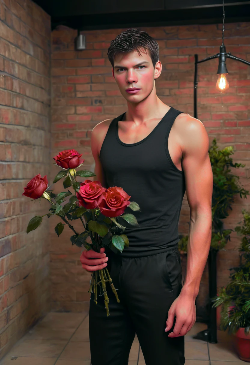 UHD, 8K, ultra detailed, highly realistic photo of rickdonovan standing in a room  <lora:rickdonovan_SDXL_v1-000009:1> with dark hair, holding bouquet of long stem roses, brick wall, gray eyes, dungeon, flower pot, holding, holding flower, lips, looking at viewer, plant, potted plant, realistic, red flower, short hair, solo, standing, vase