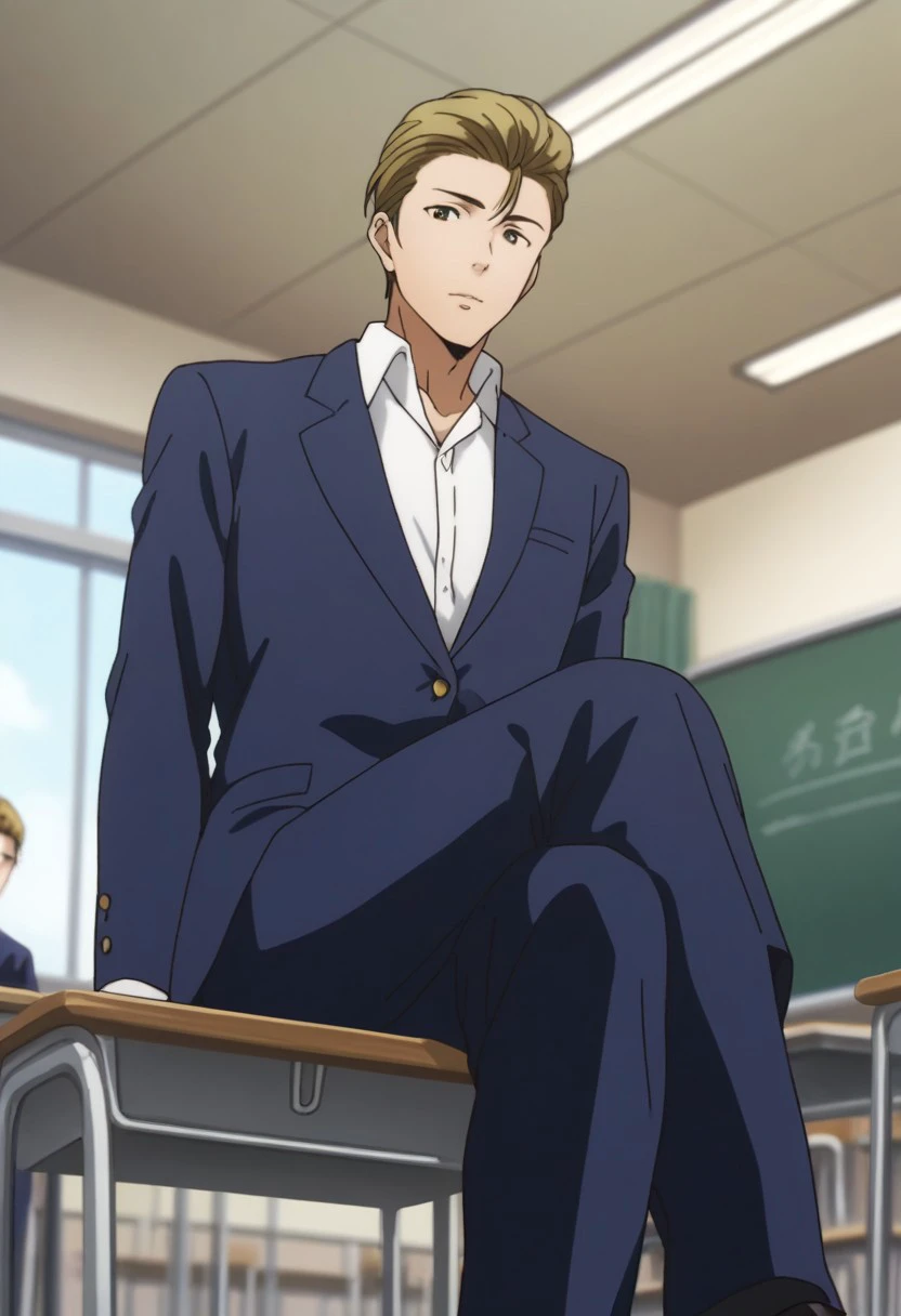 score_9, score_8_up, score_7_up, source_anime, rating_safe, Shinprison, 1boy, male focus, anime screencap, school uniform, formal wear, long sleeve blue blazer-suit, blue pants, sitting, school chair, indoors blurry classroom, black board, legs crossed, cowboy shot, from below, looking down at viewer, every school has that one delinquent