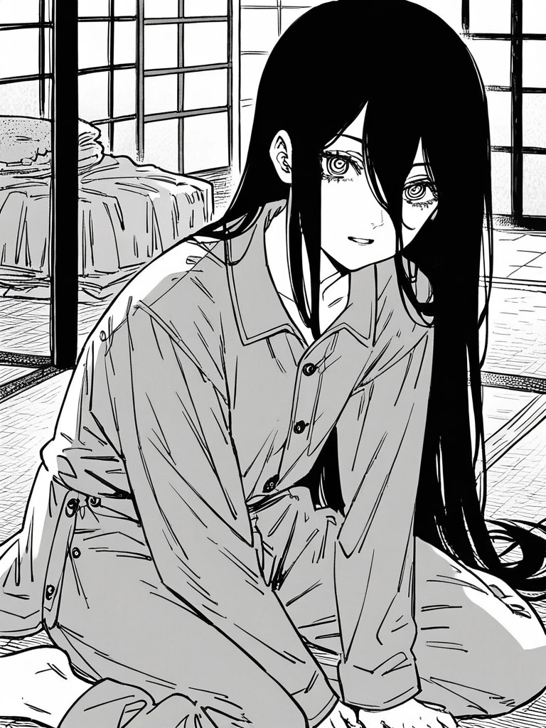 score_9, score_8_up, score_7_up,
1girl, nayuta csm, black hair, ringed eyes, long hair, hair between eyes, monochrome,
sitting, on floor, tatami, indoors, pajamas, looking at viewer,