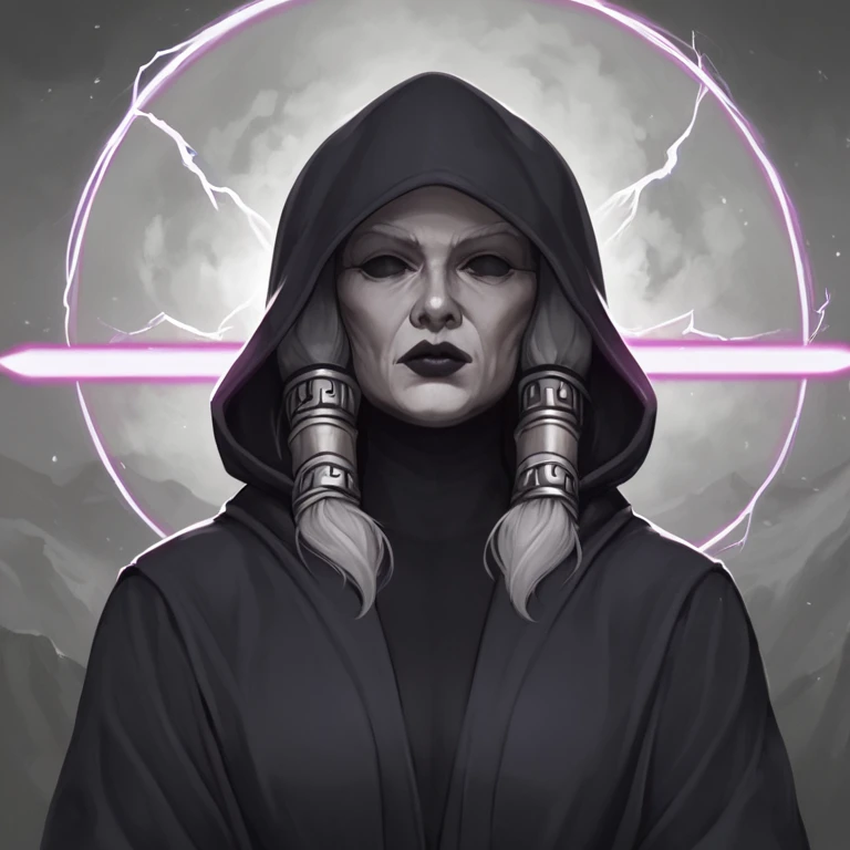 score_9, score_8_up, score_7_up,old woman, solo, upper body, kreia, darkside, black lips, hair tubes, black eyes, no pupils, hood, pale skin, gray hair, black robes, sitting, meditating, dark terrain with mountains and green lightning and thunderstorms, purple lightsaber