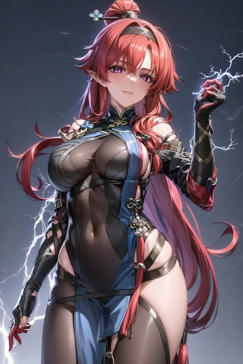 dynamic light,  masterpiece, best quality, detailed, 1girl,yinlin, long hair, red hair, purple eyes, hair ornament, ponytail, pointy ears, hairband, glowing eyes,  large breasts
(fingerless gloves)
(standing), (), light smile, closed mouth, tareme (cowboy shot),
(lightning, purple theme, rocks), depth of field, <lora:1651489307798708599:0.2> ,  <lora:tareme:0.5>   <lora:yinlin:1> <lora:LowRA:0.2>,    <lora:GoodHands-vanilla:1>