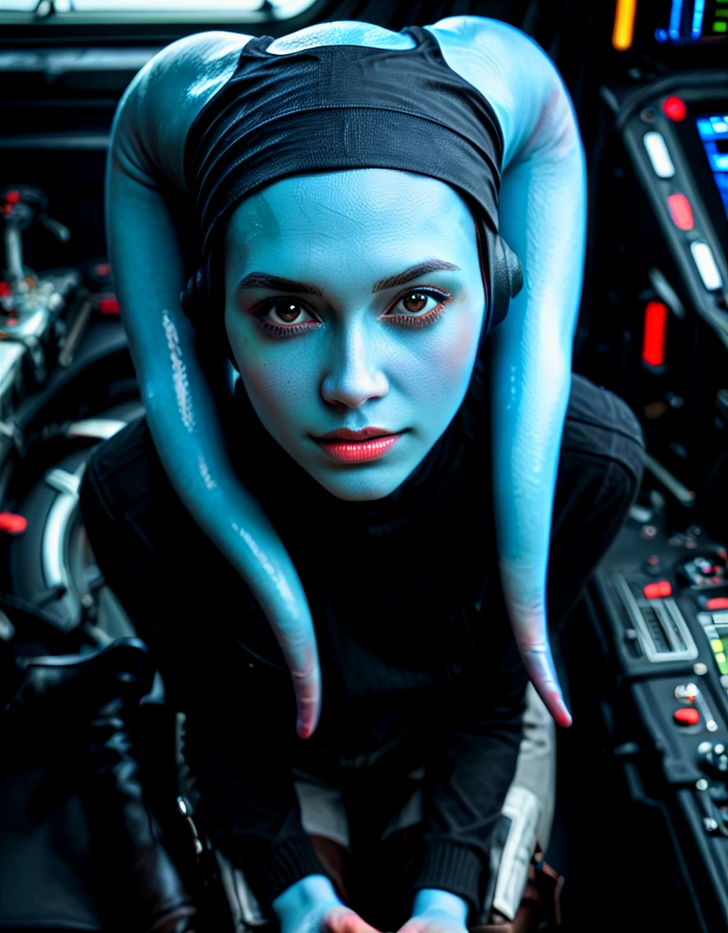 8k UHD, 1440p, hires, score_9, score_8_up, score_7_up, score_6_up, score_5_up, source_photo, amateur_photo, realistic, explicit, solo, intricate detail, perfect eyes, face focus, Mission-Vao, VaoM, KOTOR, Twi'lek, Lekku, alien, colored skin, blue skin, hairband, 1girl, solo, round face, puffy eyes, brown eyes, slim hips, thin legs, from above, cute, black shirt, vest, pants, boots, in cockpit <lora:Expressive_H:1> <lora:PerfectEyesXL:0.7> <lora:Pony_Mission-Vao_V1:1>