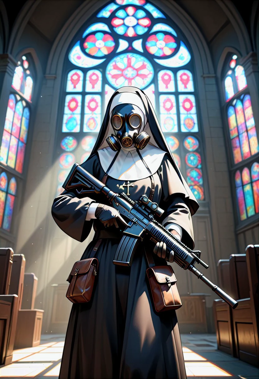 (realistic photo), BREAK cinematic, highly professional, high contrast, BREAK lo-fi, soft colors, EnD_Irreverant_Nuns, solo, gloves, holding, weapon, male focus, holding weapon, gun, mask, holding gun, rifle, pouch, robe, assault rifle, scope, gas mask, stained glass, nun, habit, ,  gradient overlay, lo-fidelity, chromatic abberation, film grain, masterwork photography, (unreal engine 5), ,specular highlights, rembrandt lighting, side lighting, extreme light and shadow, cinematic lighting, natural lighting, official photography, best quality, masterpiece