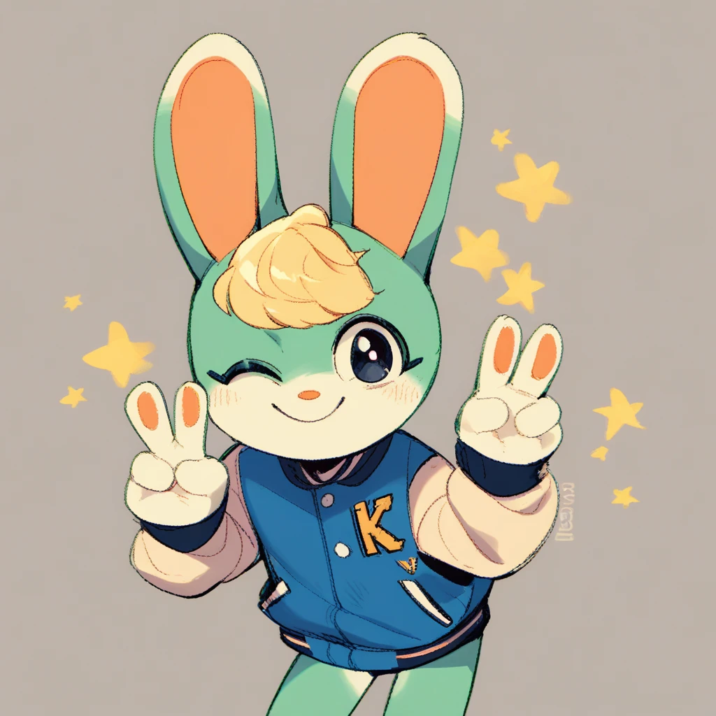 score_9, score_8_up, score_7_up, sasha (ac), green fur, blue jacket, blonde hair, rabbit, girly, femboy, furry male, v sign, wink, smile, rating_safe