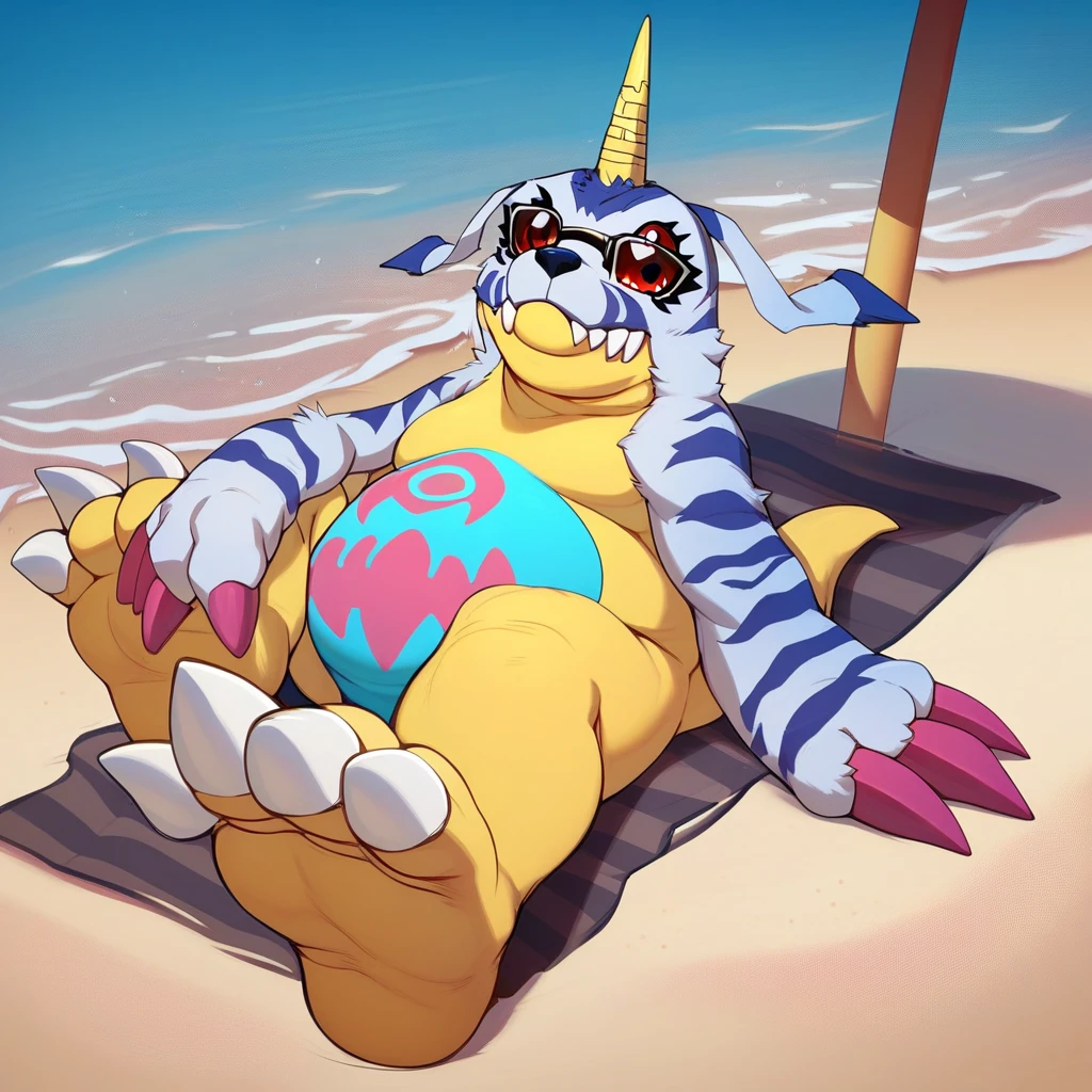 score_9, score_8_up, score_7_up, score_6_up, score_5_up, score_4_up, gabumon, digimon, single horn, claws, red eyes, sharp teeth, creature, monster, chubby, pudgy belly, blue and pink markings on belly, blue fur pelt, yellow body, three toes, outside, beach background, beach scenery, water, relaxing, laying down, looking at viewer, sunglasses, barefoot,