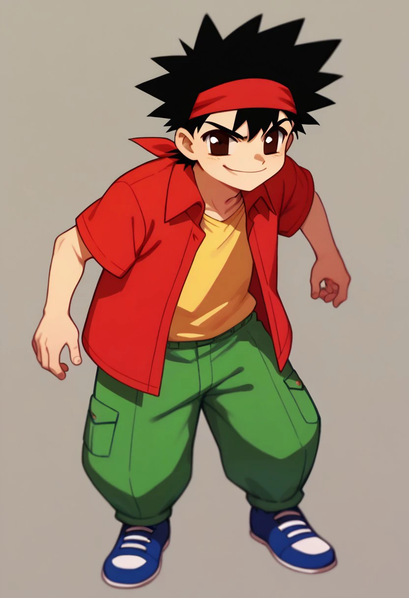 score_9, score_8_up, score_7_up BREAK EasyNegativeV2, HighKoni, 1boy, black hair, red hairband, brown eyes, open red shirt, yellow shirt, green pants, blue white shoes, full body, smirking at viewer, short body, short size,