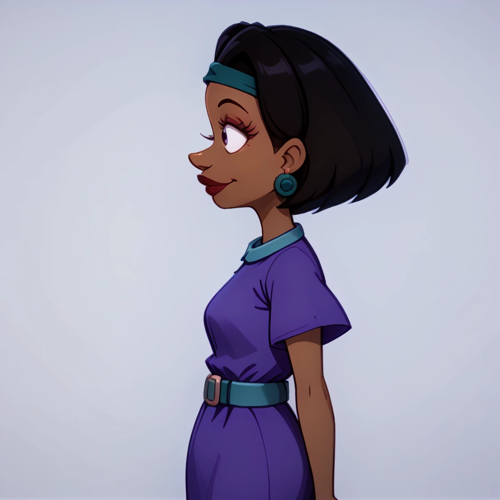 <lora:Lucy_Carmichael_-_Rugrats_-_1992-10:1>lucy_carmichael, 1girl, dark-skinned female, black hair, short hair, lipstick, blue headband, earrings, purple dress with blue collar, solo, jewelry, dark skin, blue waist belt, short sleeves, purple dress, hairband, headband, dress, belt, makeup, smile, side view, profile view,, source_cartoon, score_9, score_8_up, score_7_up,