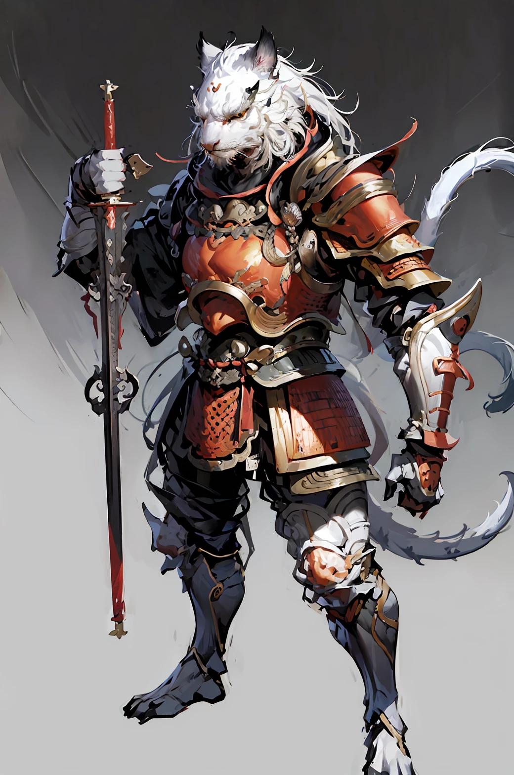 solo,chinese armor,holding,no humans,weapon,full body,simple background,tiger,holding weapon,tail,shoulder armor,chinese swordbreaker,standing,jewelry,white background,(monster,chinese monster:1),<lora:YaoGuai Black Myth Wukong:1>,solo,monster,no humans,simple background,RAW photo,best quality,masterpiece,extremely detailed,Chinese art,