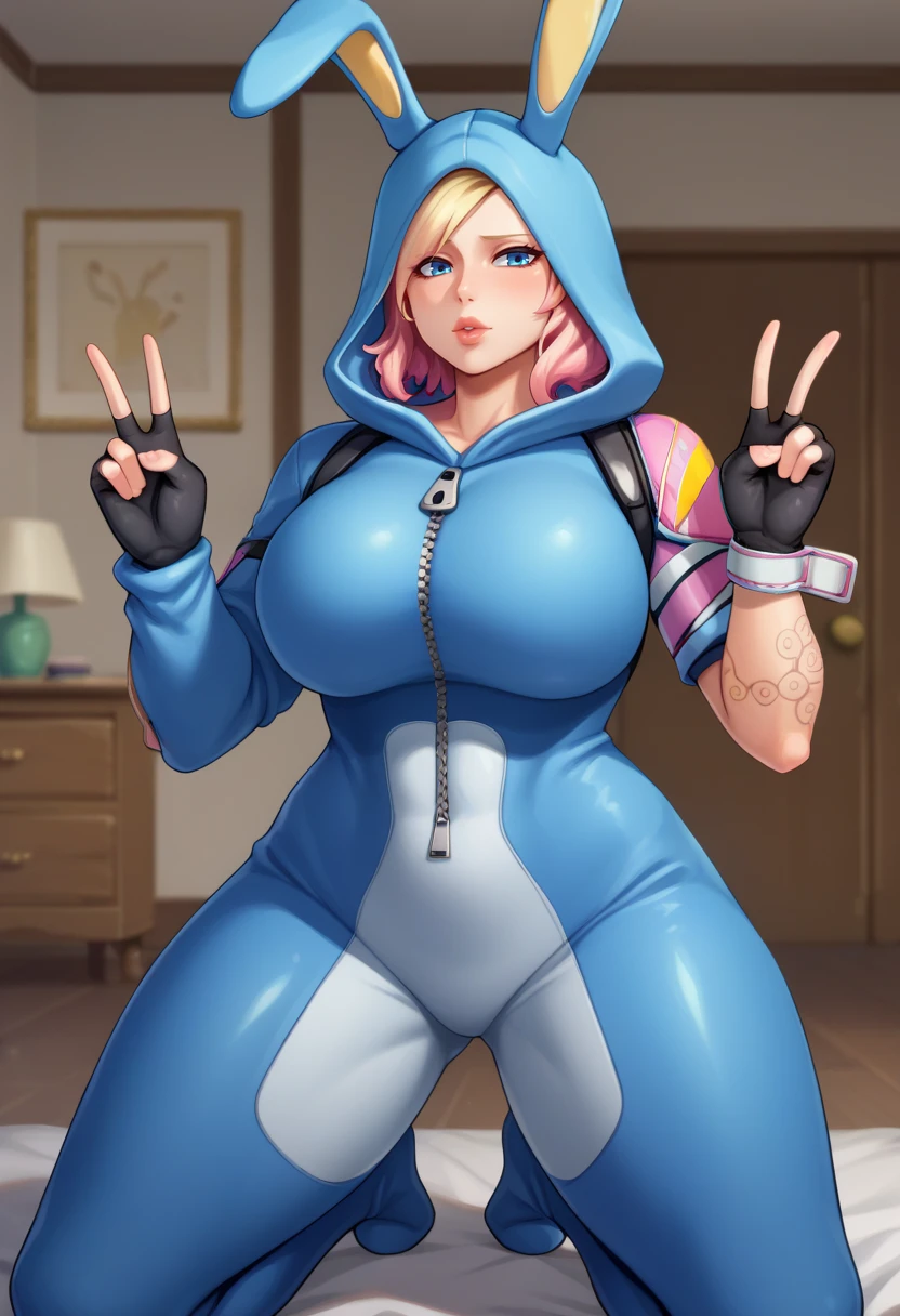 score_9,score_8_up,score_7_up BREAK <lora:penny10:0.9>,pennySDXL,1girl,short hair,blue eyes,pink hair,black gloves,fingerless gloves,blonde hair,lips,large breasts,thighs,curvy,wide hips,bodysuit,hoodie,zipper,animal hood,white,rabbit tail,arm tatto,rabbit hood,rabbit ears,cowboy shot,room,room background,kneeling, double v,