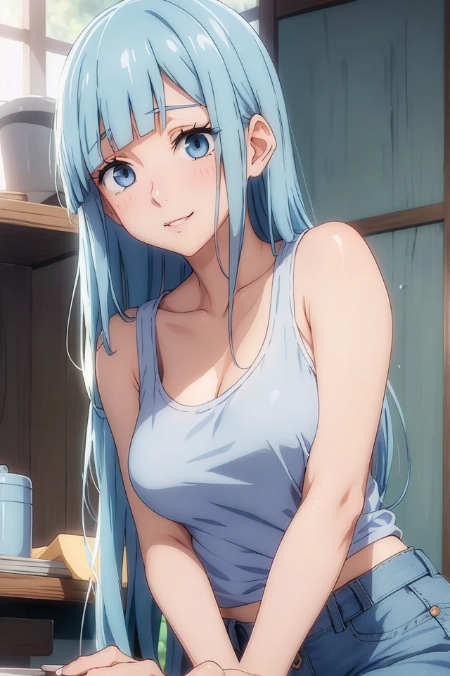 (JK_Miwa_Kasumi), 1girl, long hair, blue eyes, bangs, solo, straight hair, blunt bangs, light blue hair, Side bangs, blush, eyelashes, smile, white tank top, blue short jeans,